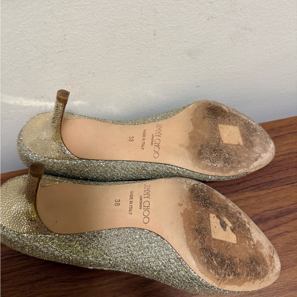 Jimmy Choo Isabel Metallic Gold/Champagne Glitter Peep Toe Pump. Size 38. - Picture 5 of 8